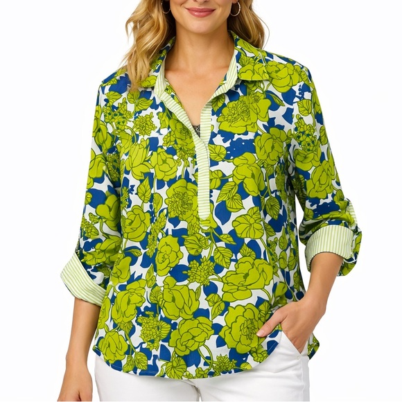 Talbots Tops - Talbots Green Blue Floral Cotton Tunic Blouse | Women’s XL Preppy Coastal Top